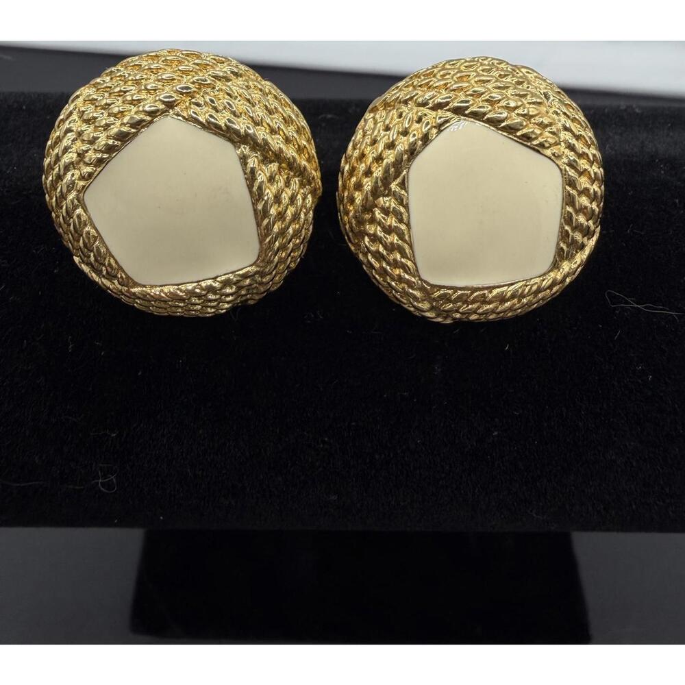 Vintage Monet Textured Gold Tone Clip-On Earrings with Cream Center